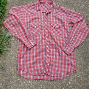 Vintage Plaid Pearl Snap Western Shirt Red Black White USA Fabric Mexico Size L